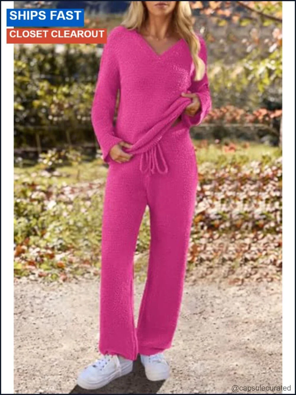 Women's Fuzzy Fleece 2 Piece Lounge Pajama Set with V-Neck Top and Wide Leg