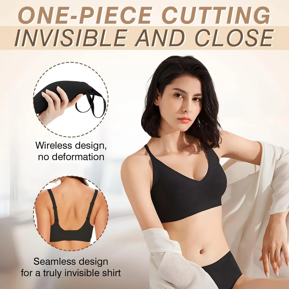 Greoay Women's Black Bras Wireless Push Up Seamless Wire-Free Full Support XL