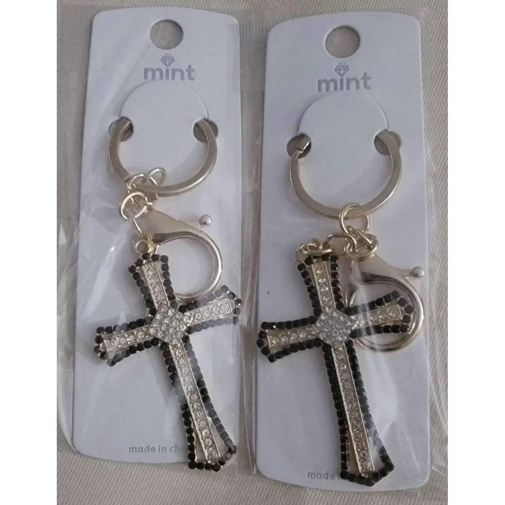 Rhinestone Cross Keychains Gold Tone Black Clear Crystal Gothic NWT 7.00 Each‎