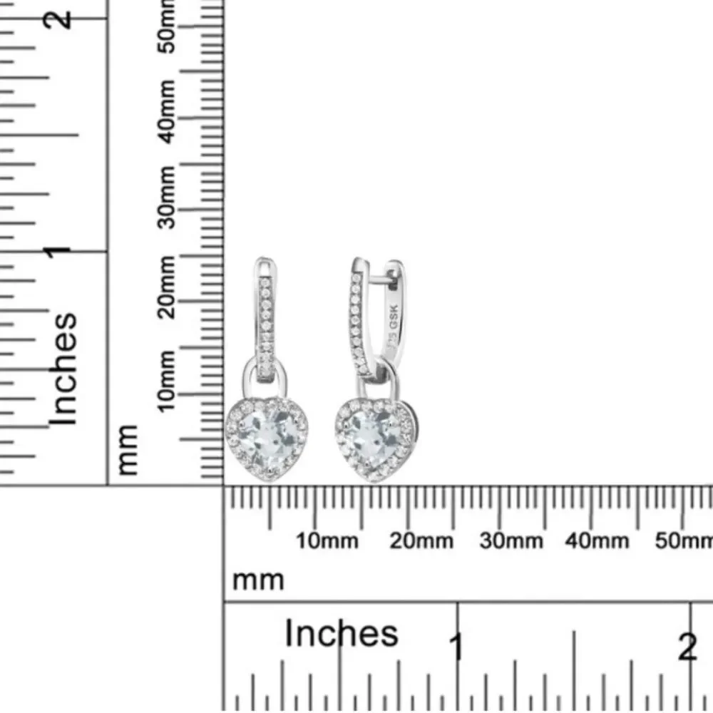 925 Sterling Silver 1.84 Cttw Light Aquamarine and White Sapphire Heart Earrings