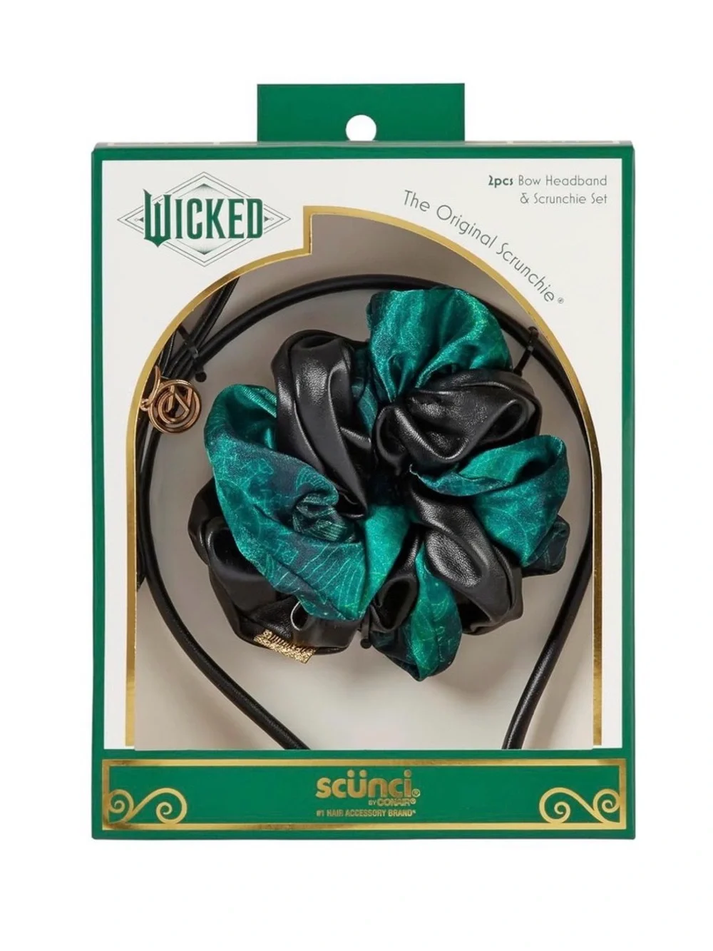 scunci Wicked Satin Green and Black Scrunchie + Bow Headband Set