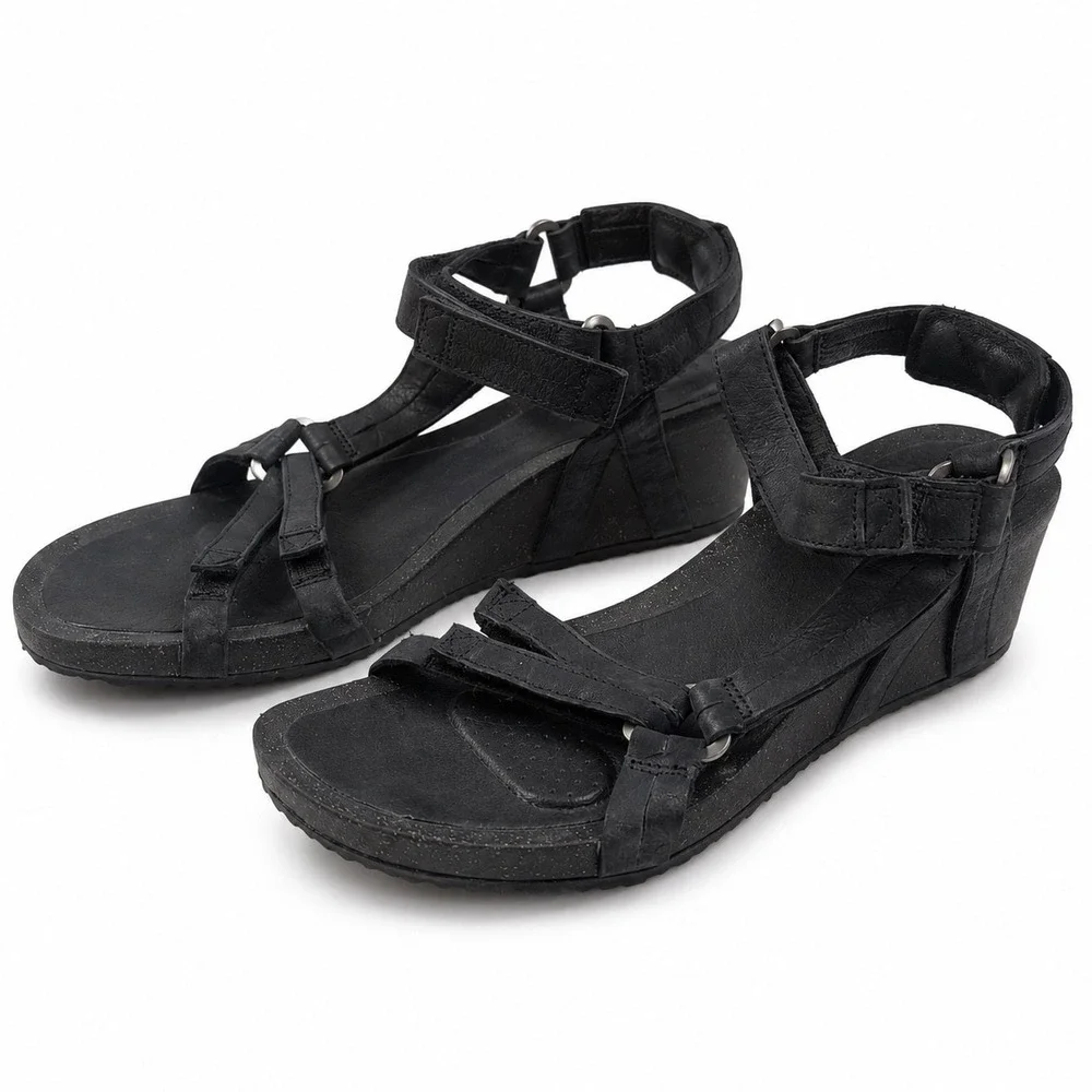 Teva Ysidro Universal Black Leather Wedge Sandals Women's Size 7.5