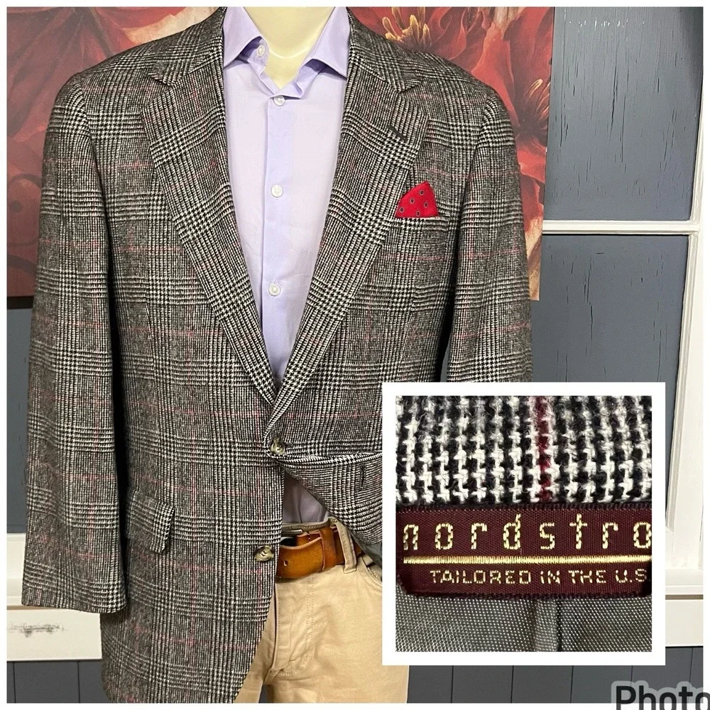 Vintage Nordstrom Camel‎ Hair Blazer Mens 40R Classic Fit Beige/Black/Red Plaid