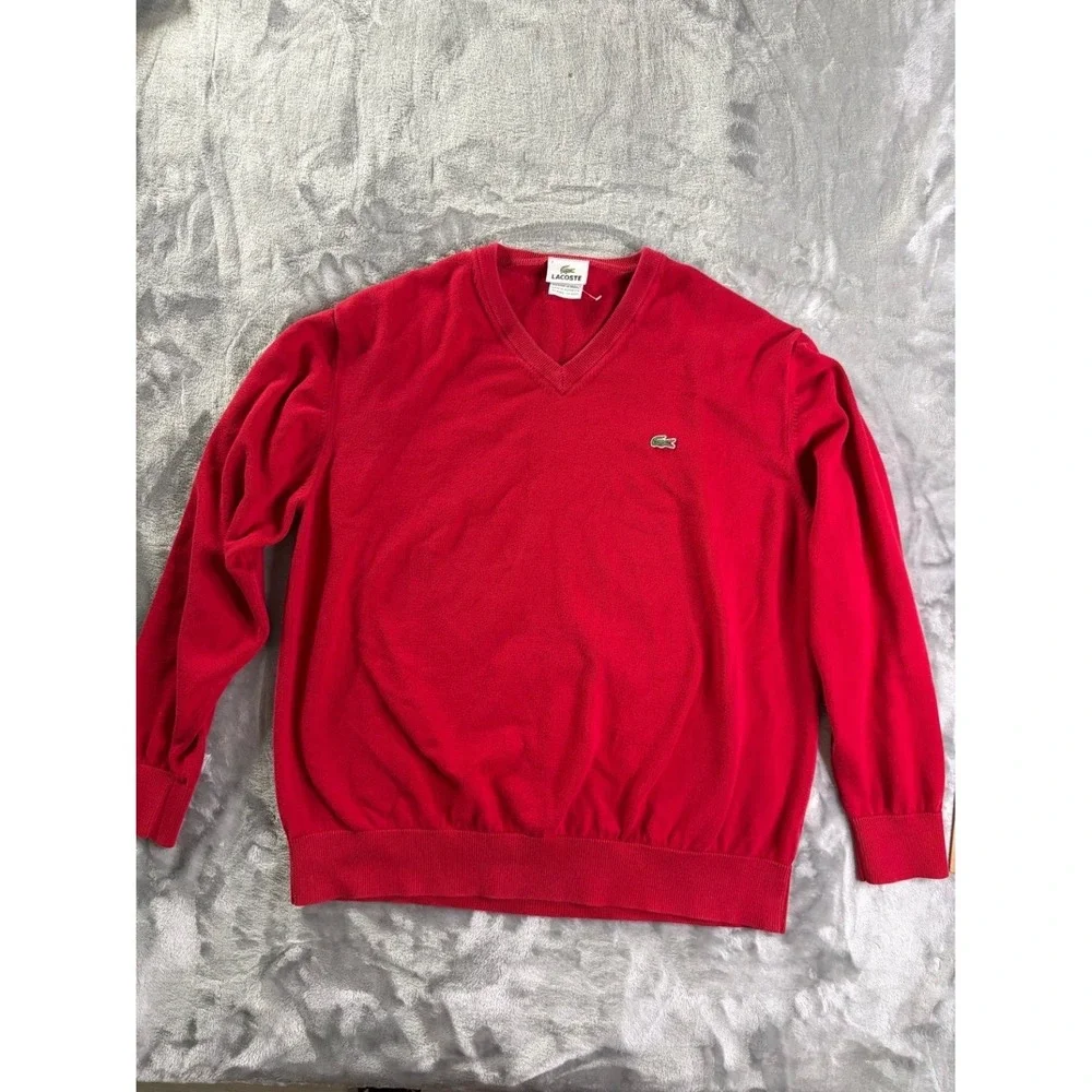 Lacoste Men's V-Neck Sweater Red Cotton Size 7 XL Embroidered Crocodile Logo‎