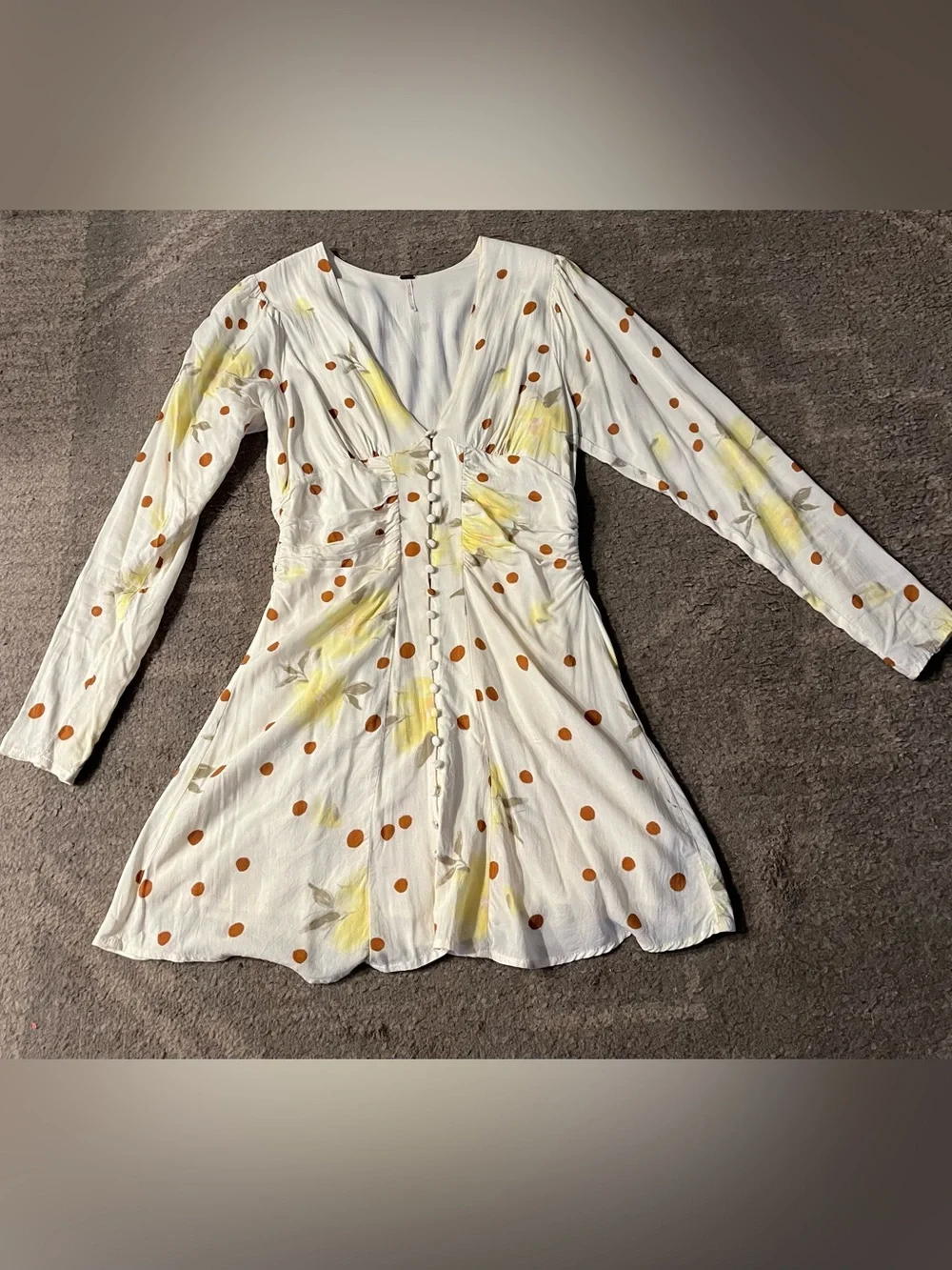 Free People Cream Mini Dress with Yellow Floral and Rust Polka Dots