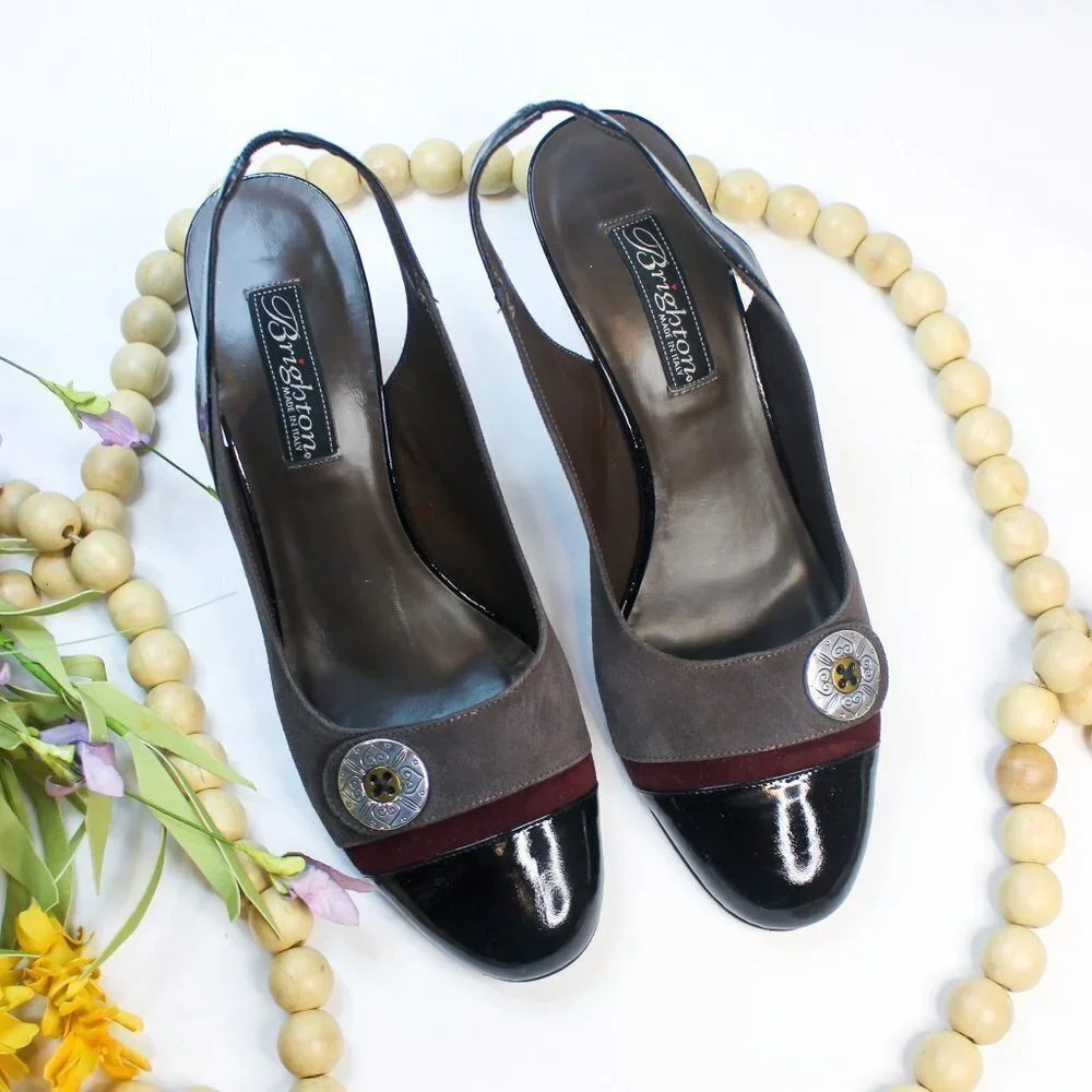 Brighton Bree Suede Patent Leather High Heels Sling Back Office‎ Shoes 8.5