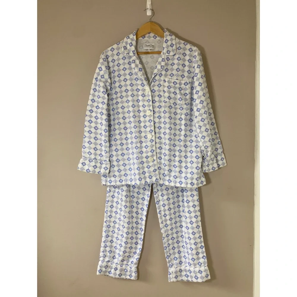 Elizabeth Cotton Womens Flannel Pajama Set Blue White Diamond Button Down Top M