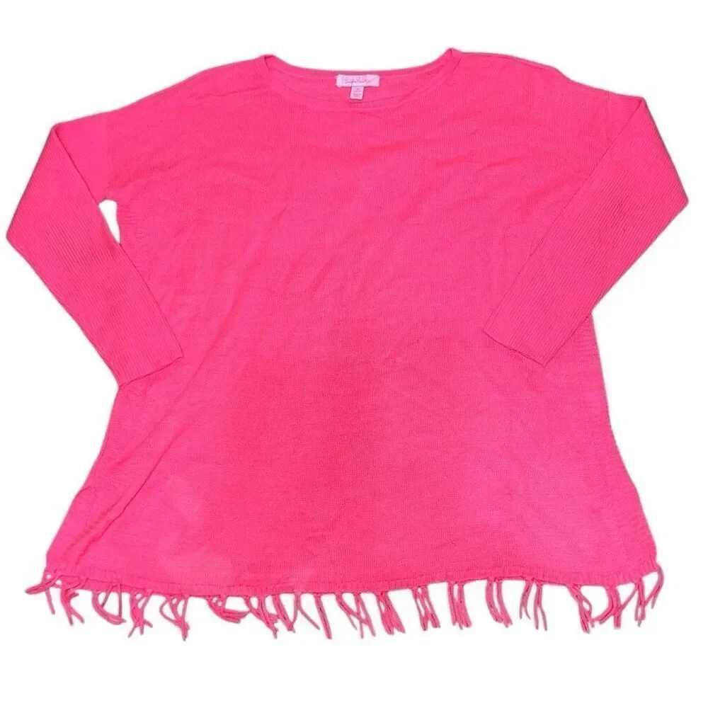 Lilly Pulitzer Girls Ramona Fringe Sweater Hot Pink Oversized Knit size XL 12-14