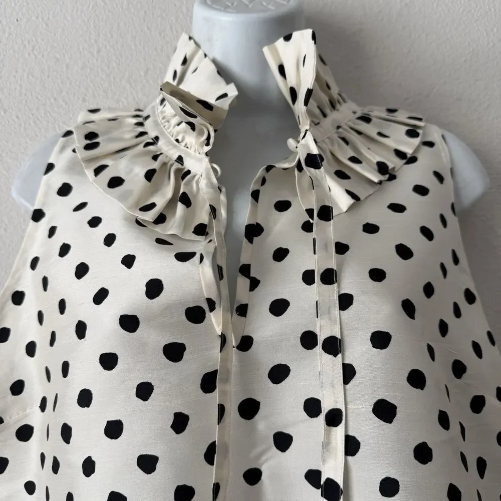 Kate Spade NY 100% Silk Polka Dot Blouse 10 Ruffle Neck Sleeveless Cloud Dot Top