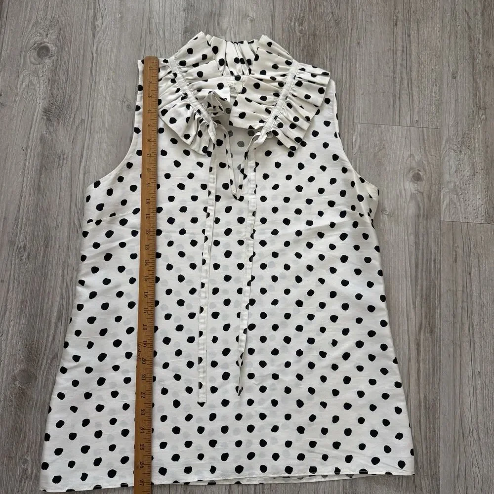 Kate Spade NY 100% Silk Polka Dot Blouse 10 Ruffle Neck Sleeveless Cloud Dot Top