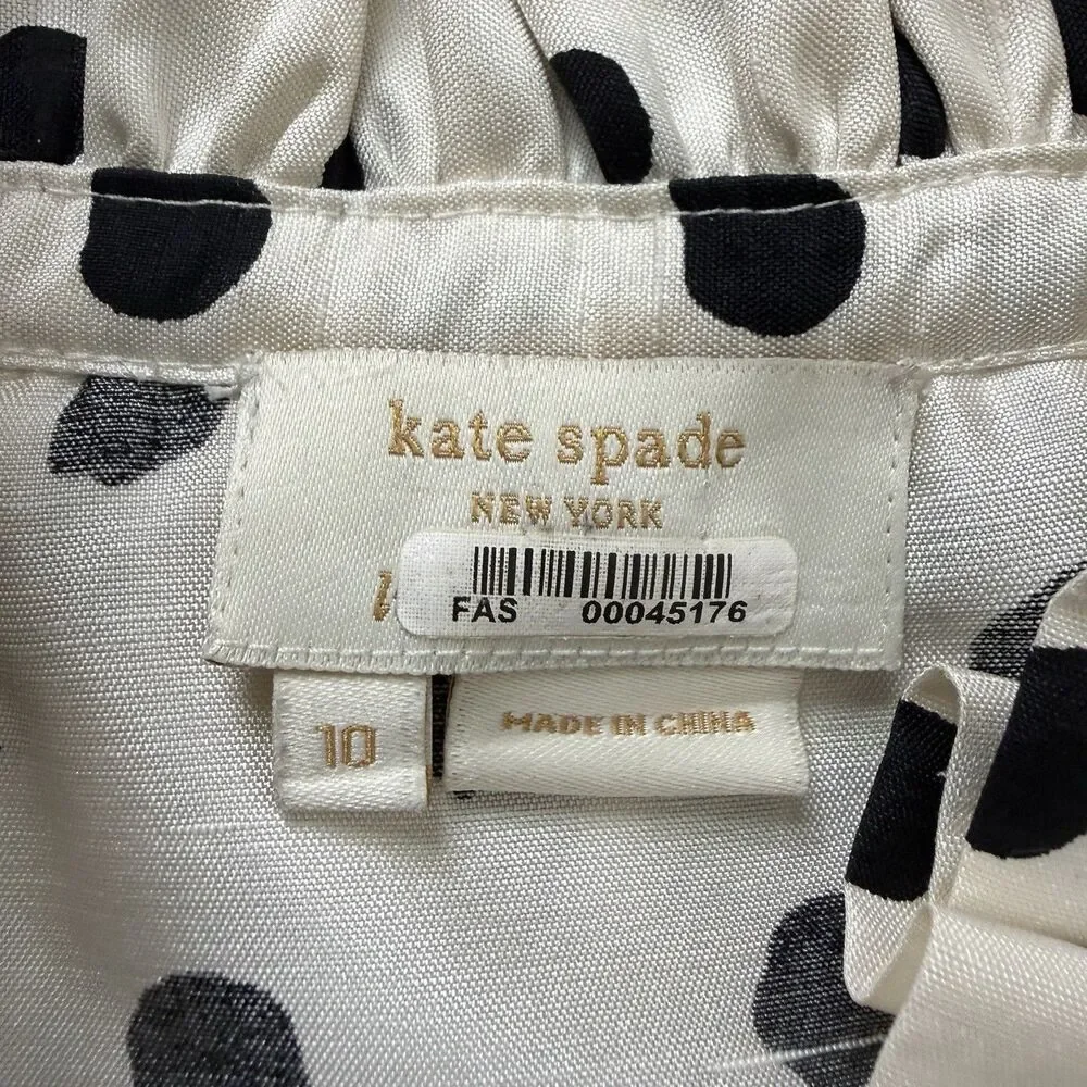 Kate Spade NY 100% Silk Polka Dot Blouse 10 Ruffle Neck Sleeveless Cloud Dot Top