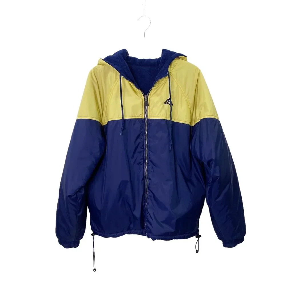 Adidas‎ Reversible Jacket Coat Size Large Navy Blue And Yellow 90s Fleece/Nylon