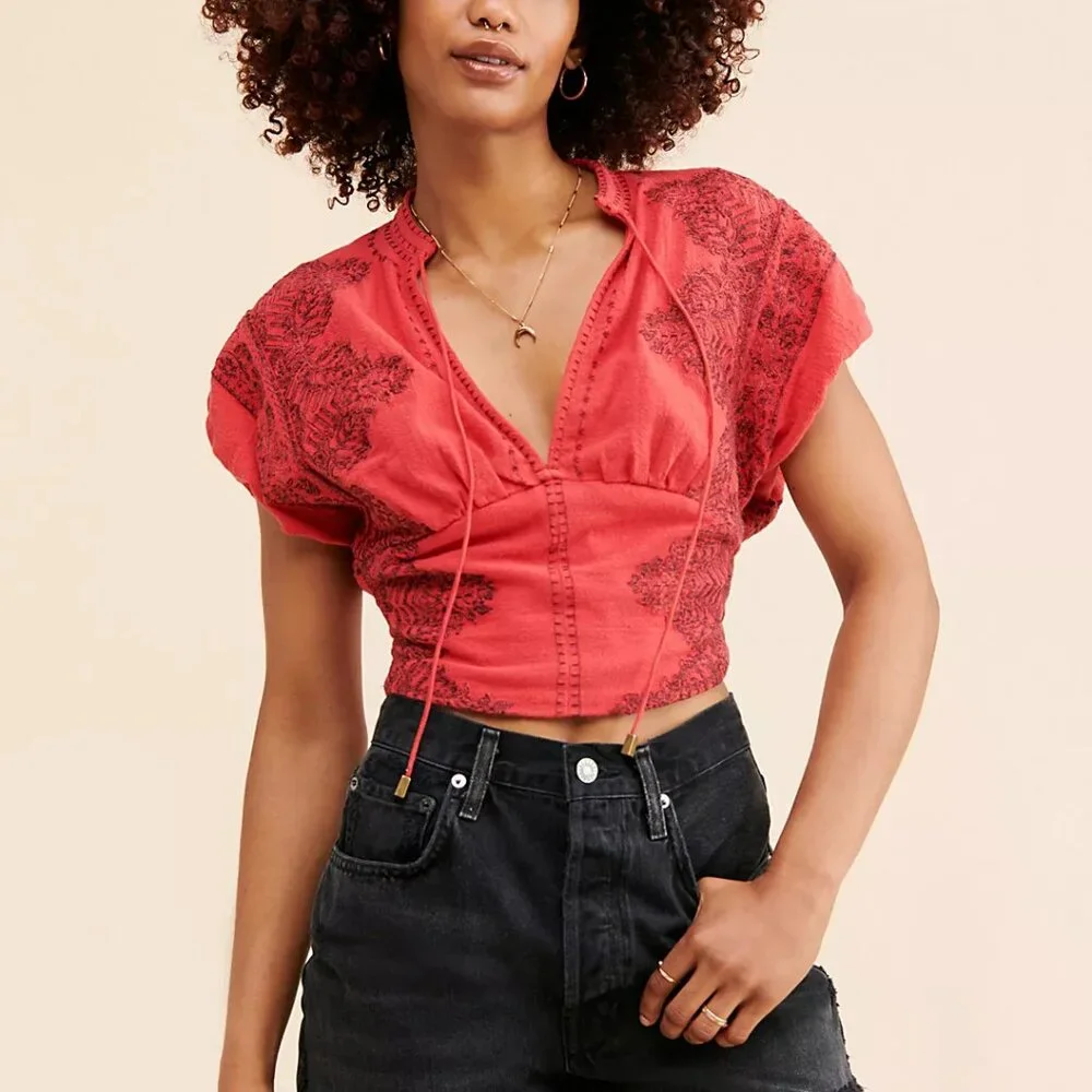 010 Free People Temecula Printed Embroidered Top NWOT Size XS