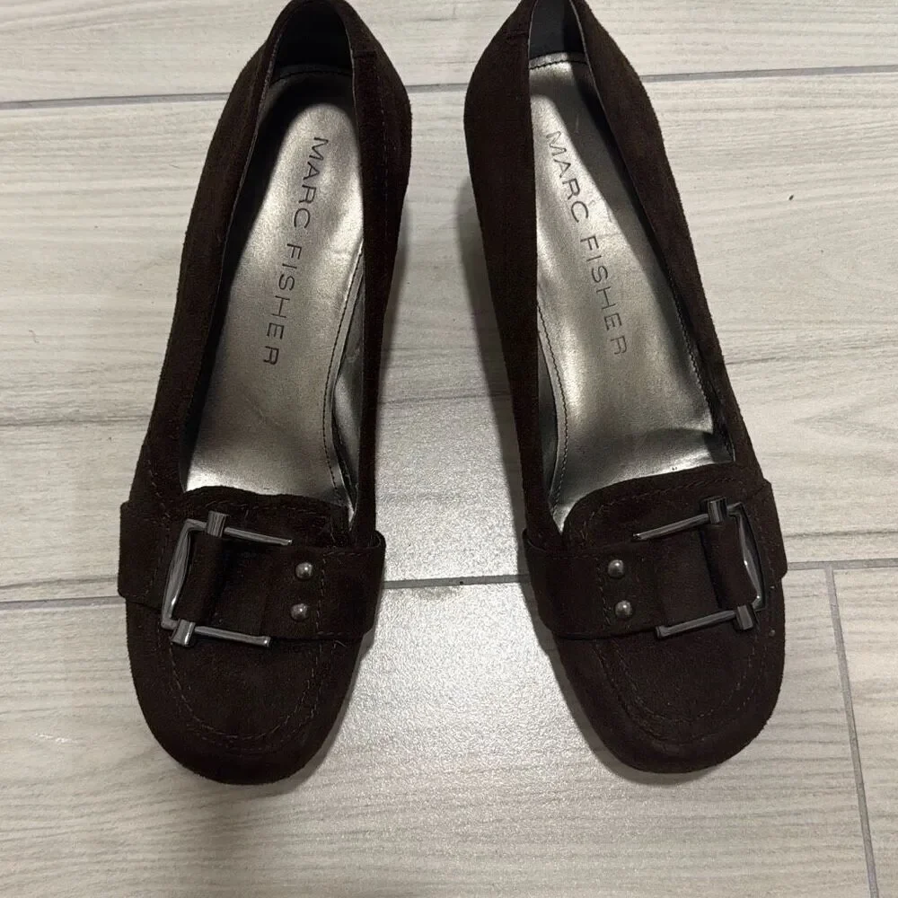 Marc‎ Fischer Brown Wedge Buckle Heel Size 7.5 Women’s