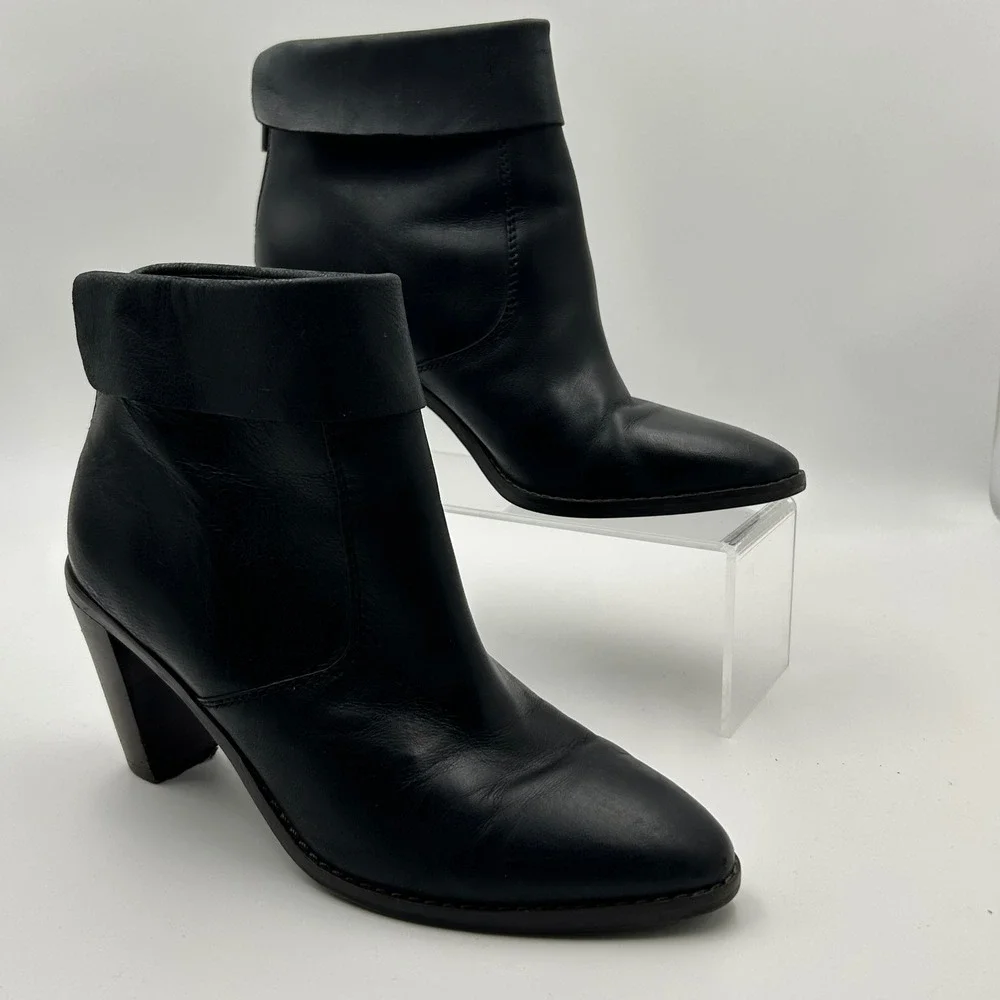 Lucky Brand Ankle Boots Womens‎ 6.5 Black Leather Fold Over Cuff Block Heel Chic