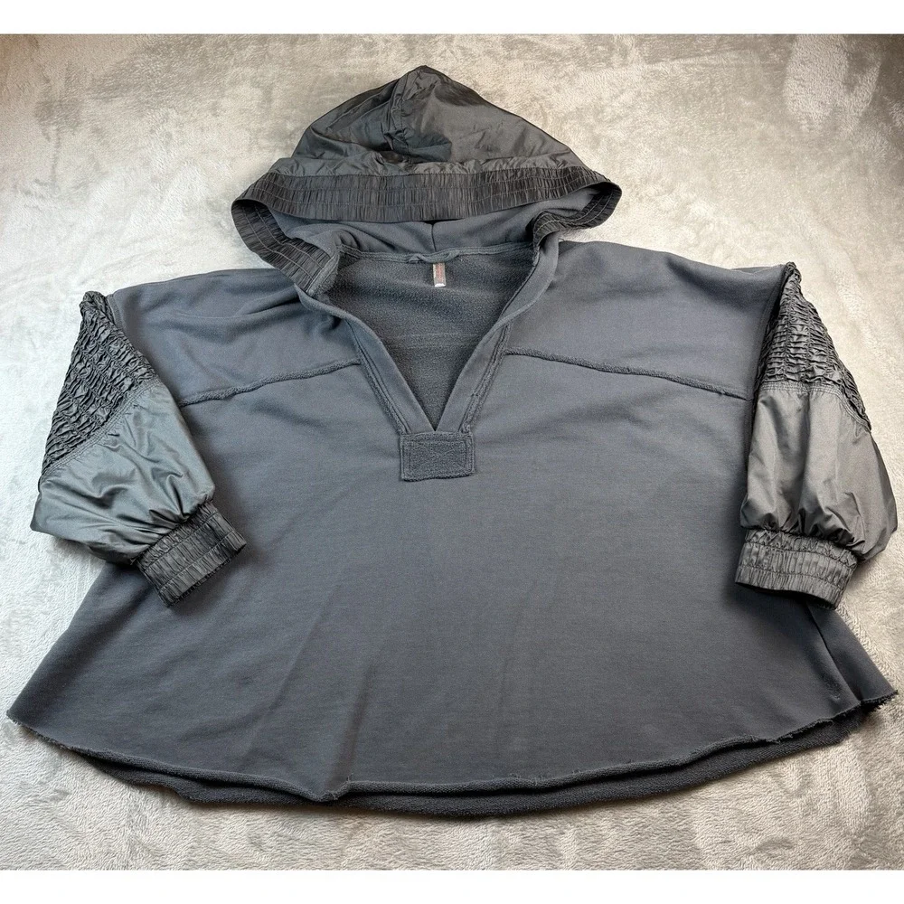 Free People FP Movement Hoodie Gray Large Oversized Mixed Media Smocked‎ Sleeves
