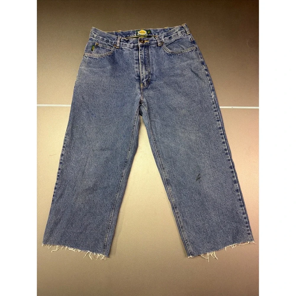 Cabelas Fleece Lined Denim Jeans Mens 33x34 Medium Wash Raw Hem Cutoff‎ Rugged