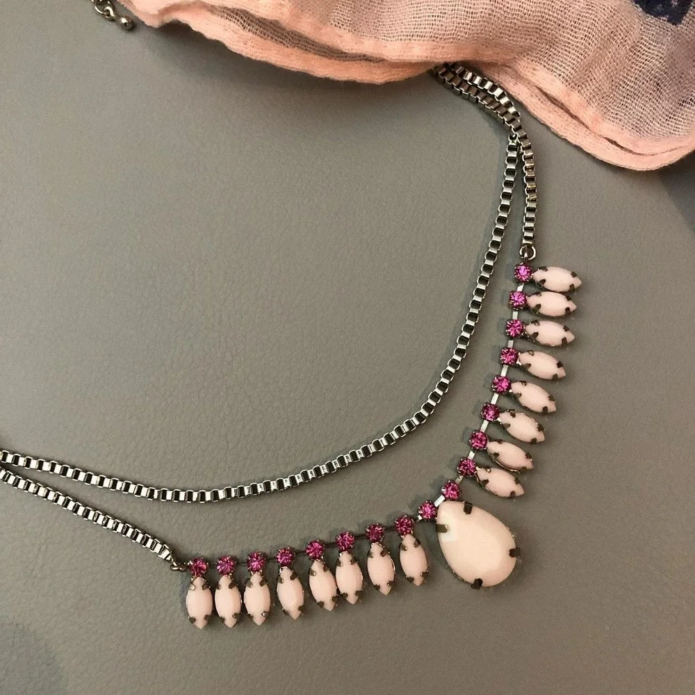 Vintage beautiful light pink gemstones‎ double layer choker necklace