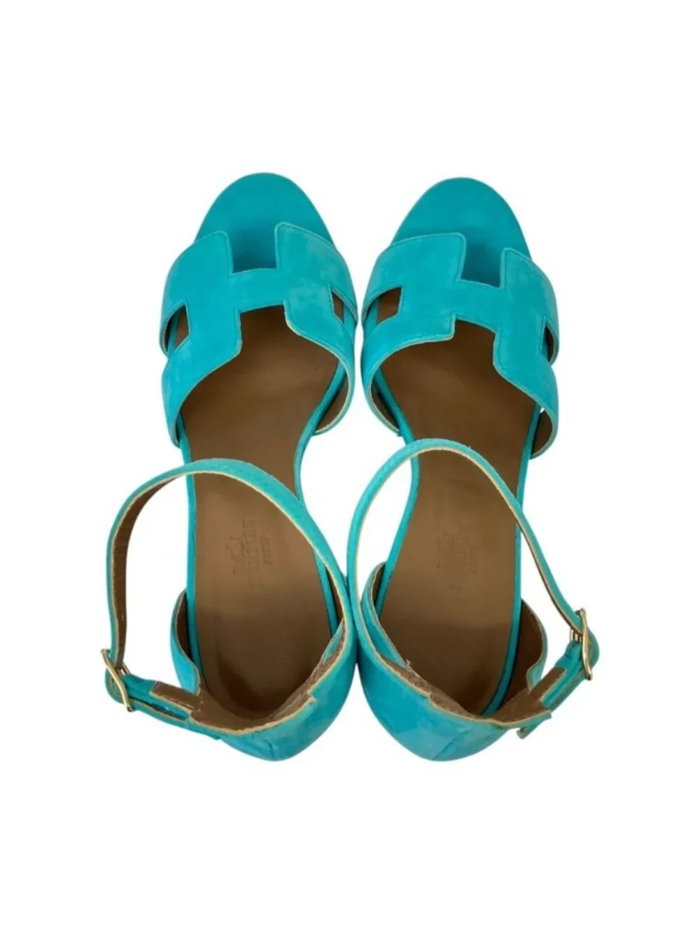 Hermes Legend H Motif Wedge Sole Sandals Turquoise Blue