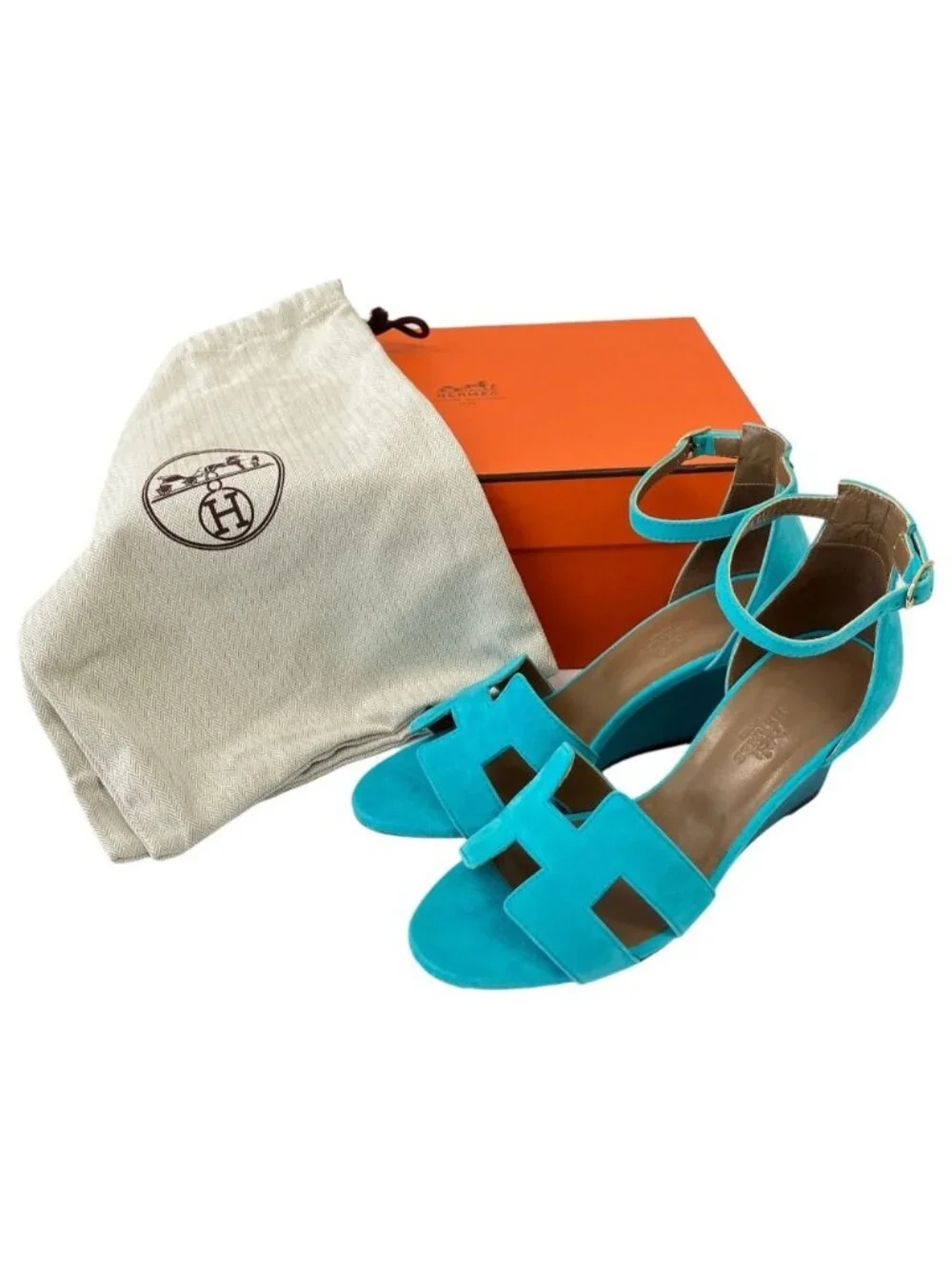 Hermes Legend H Motif Wedge Sole Sandals Turquoise Blue