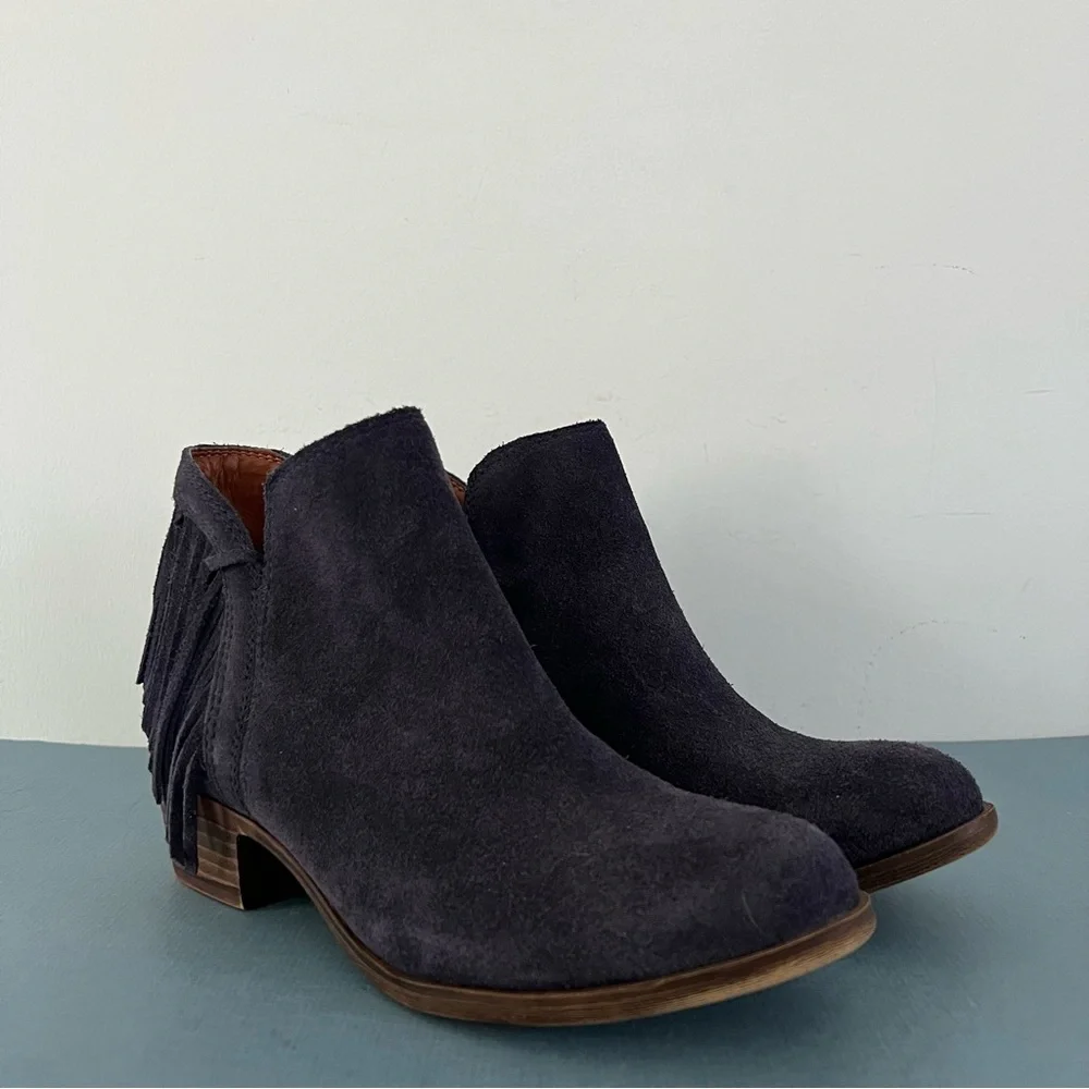 Lucky Brand Benji Blue Suede Fringe‎ Western Ankle Booties