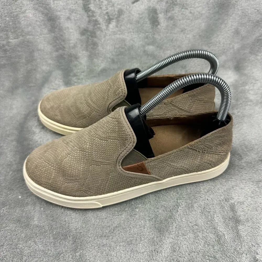 Olukai Pehuea Leather Women Size 6‎ Tan Snakeskin Embossed Slip On 20329-LH10