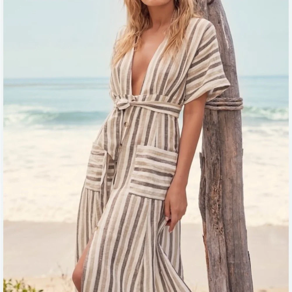 Free People Light Grey Striped Button-Front Midi Dress with Tie Waist – Size S‎