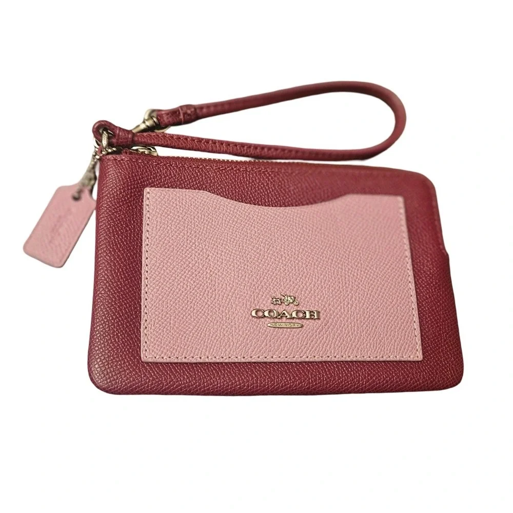 Coach‎ Corner Zip Wristlet Crossgrain Leather Colorblock Berry Pink 6643