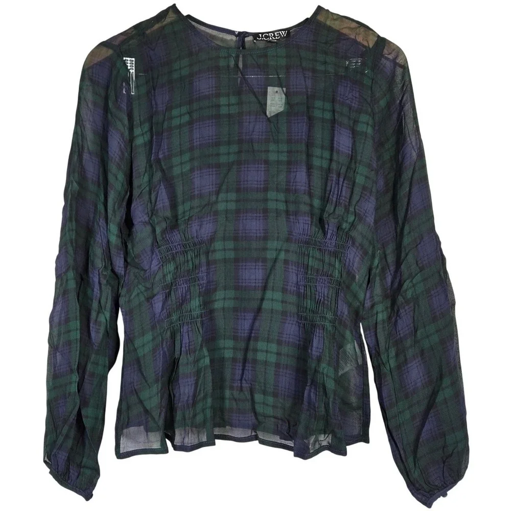 J. Crew Chiffon shirred-waist top in Black Watch tartan Cooper‎ Green Blue 6 NWT