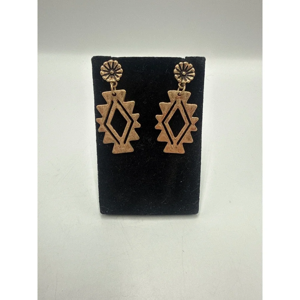 Vintage Gold Tone Southwestern Aztec Geometric Diamond‎ Drop Dangle Earrings