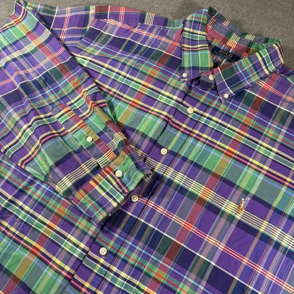 Polo Ralph Lauren Button Down‎ Mens 3XB Purple Green Plaid Flesh Pony Logo