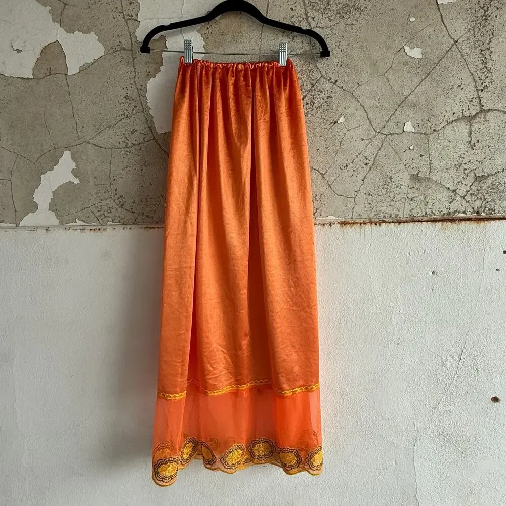 Vintage Boho Maxi Skirt Orange‎ Sheer Floral Hem Embroidered Mesh Detail