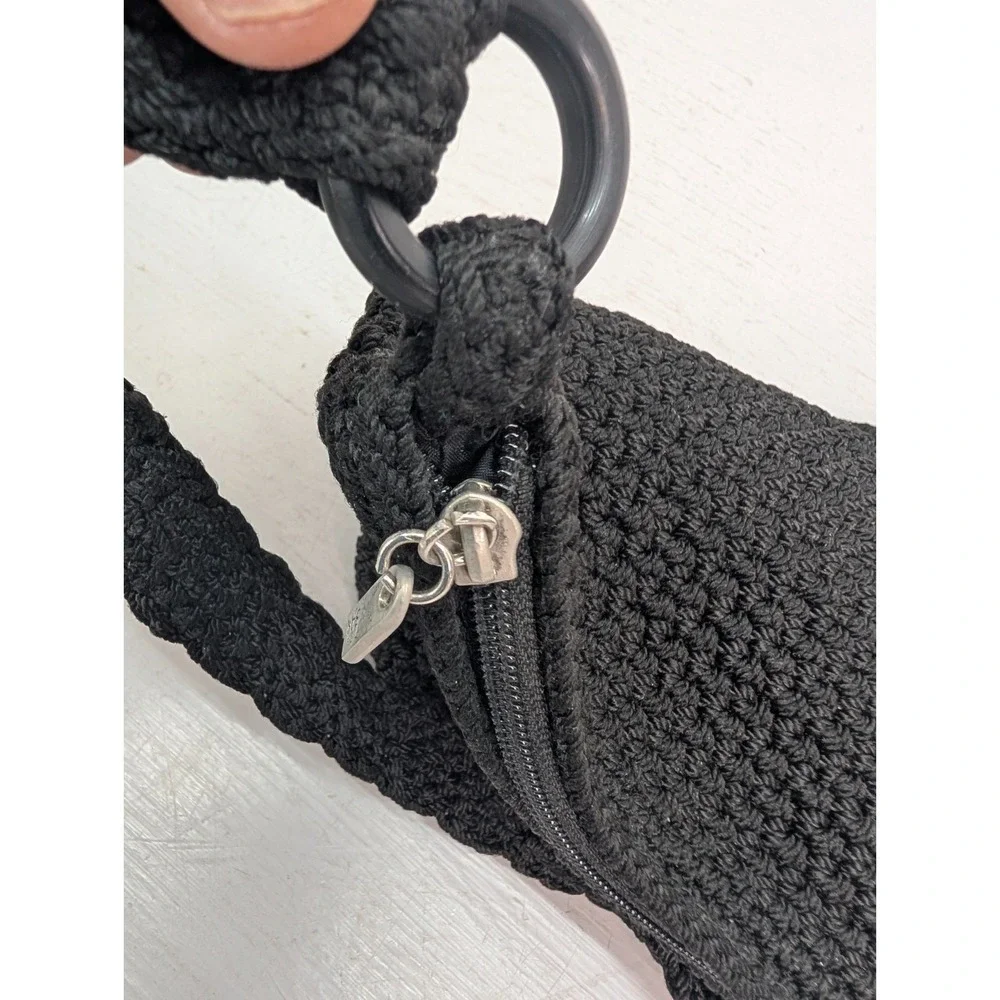 The‎ Sak Crochet Knit Small Crossbody Purse Bag Black Zipper Hobo Y2K Minimalist