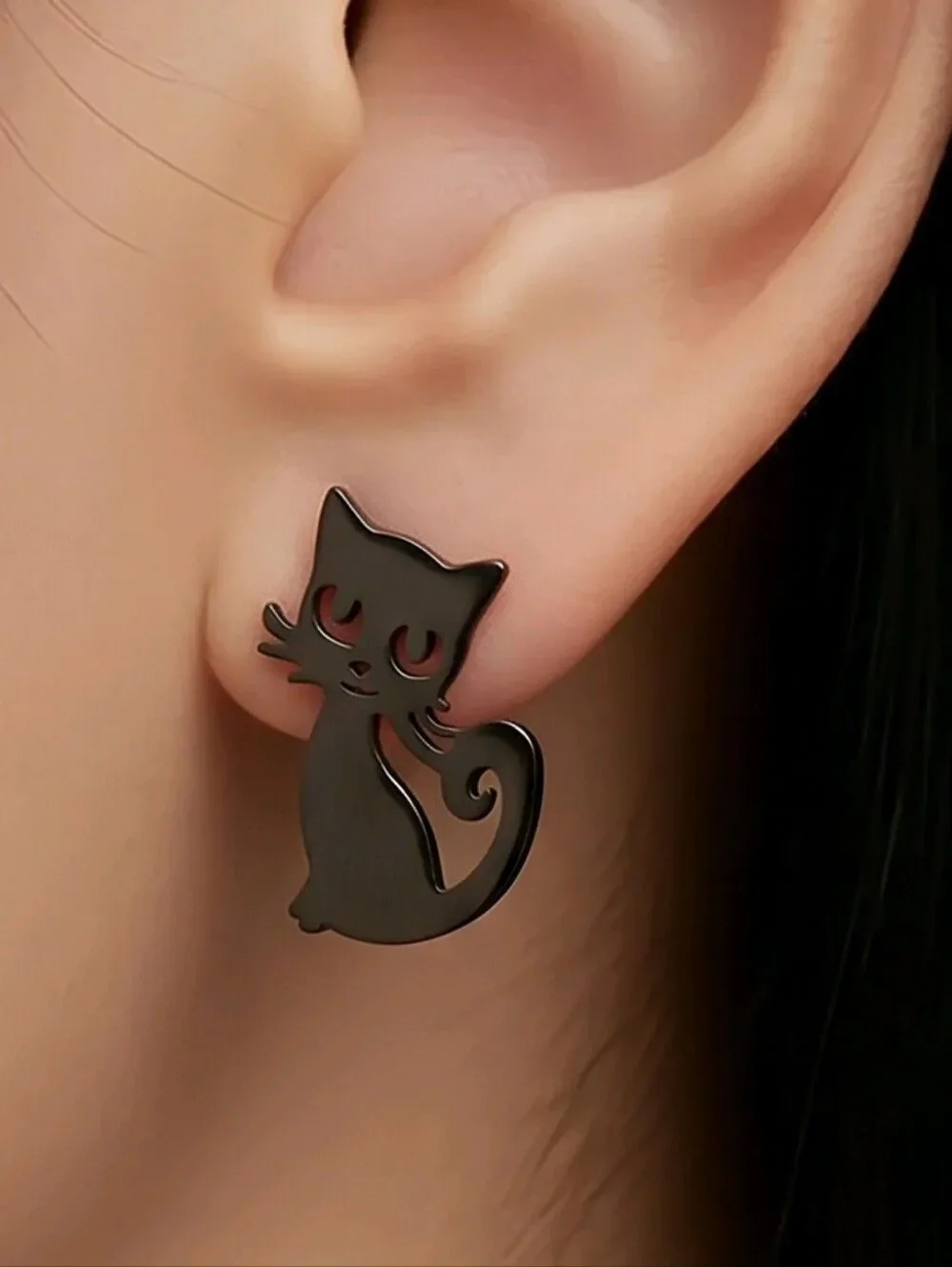 Black Cat Stud Earrings Stainless Steel Tiny Kitty Silhouette Gothic Halloween