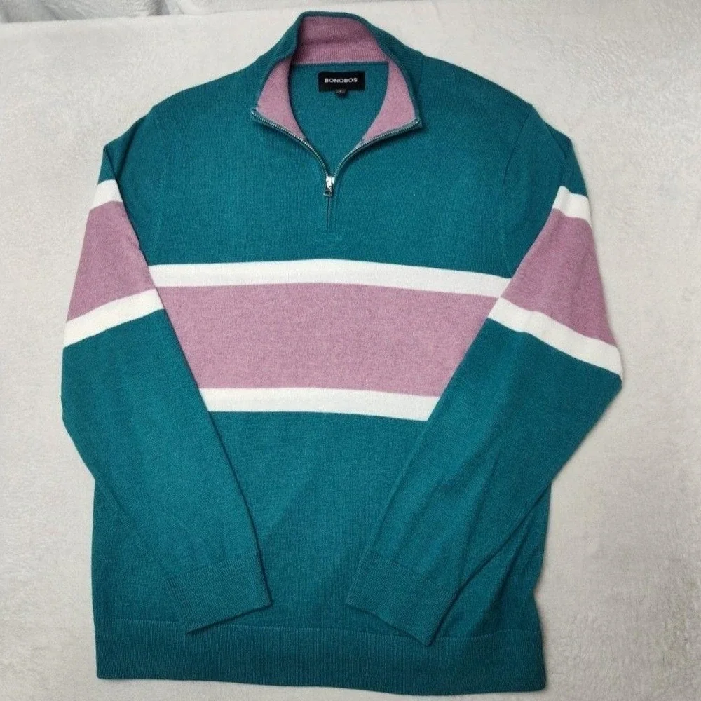 Bonobos Sweater Mens L Green 1/4 Zip Pullover Striped Cotton Polyester Knit Work