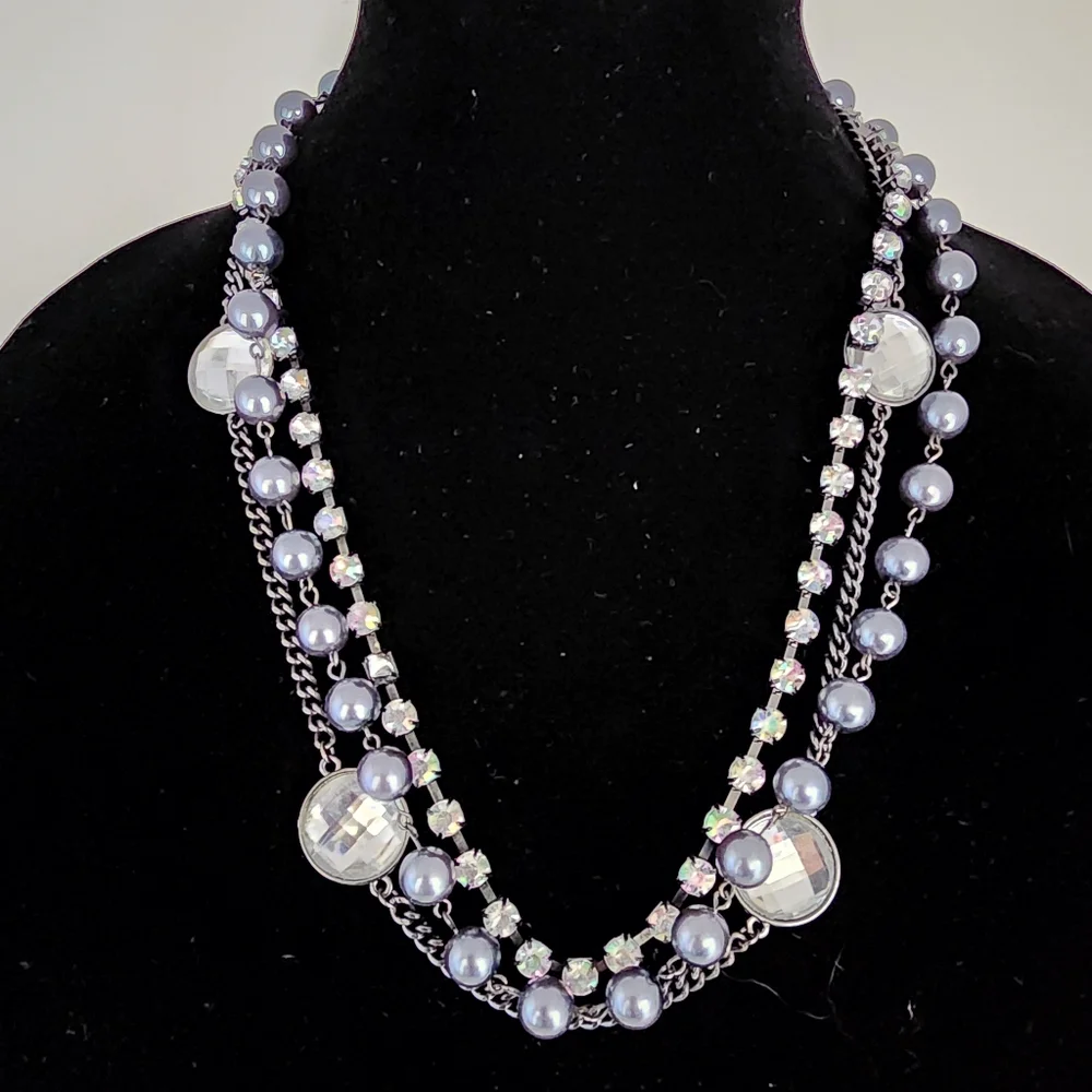 Y2K‎ statement layered necklace orchid purple colored rhinestones gunmetal chain