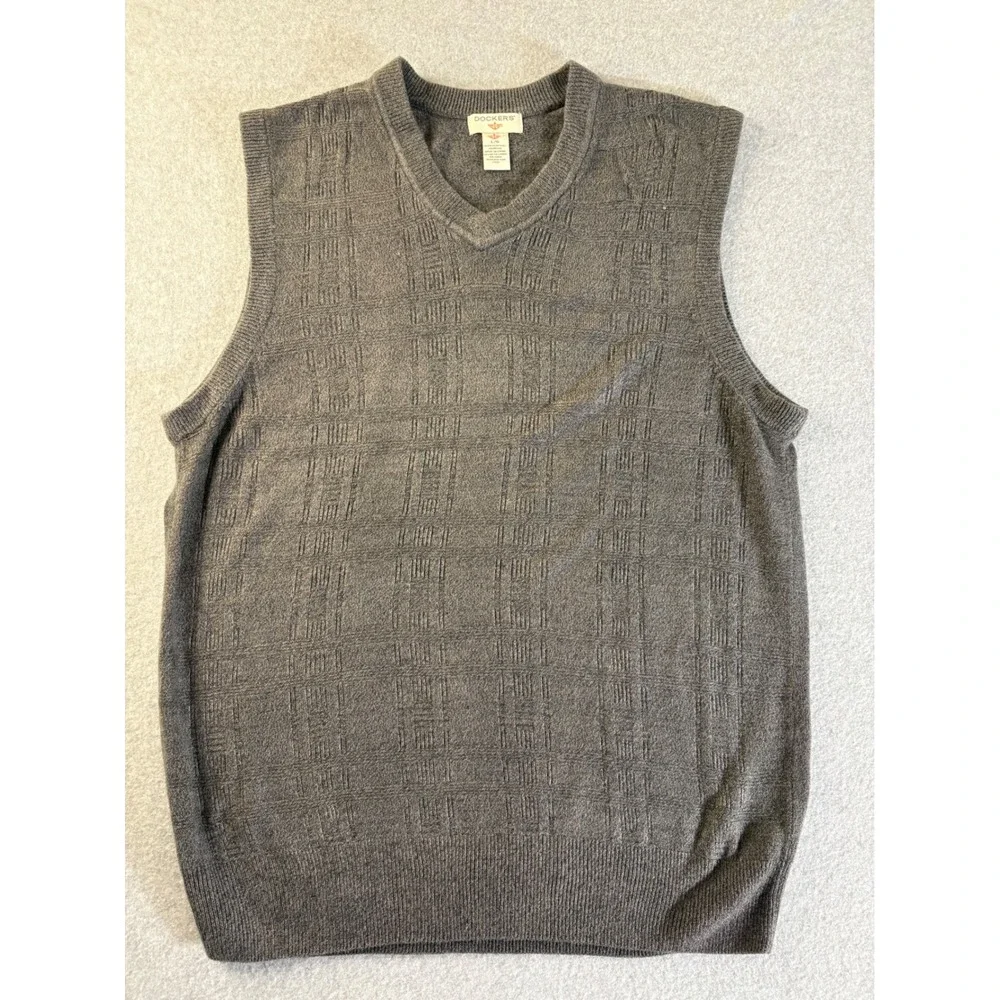 Dockers Mens V-Neck Sweater Vest Gray‎ Textured Knit Sleeveless Pullover Large