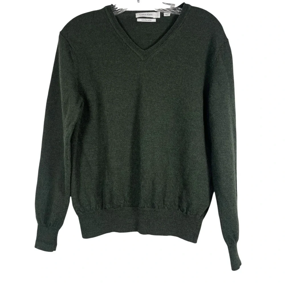 Calvin Klein Sz M Sweater Mens Dark Green Extra Fine Merino Wool V-Neck Pullover