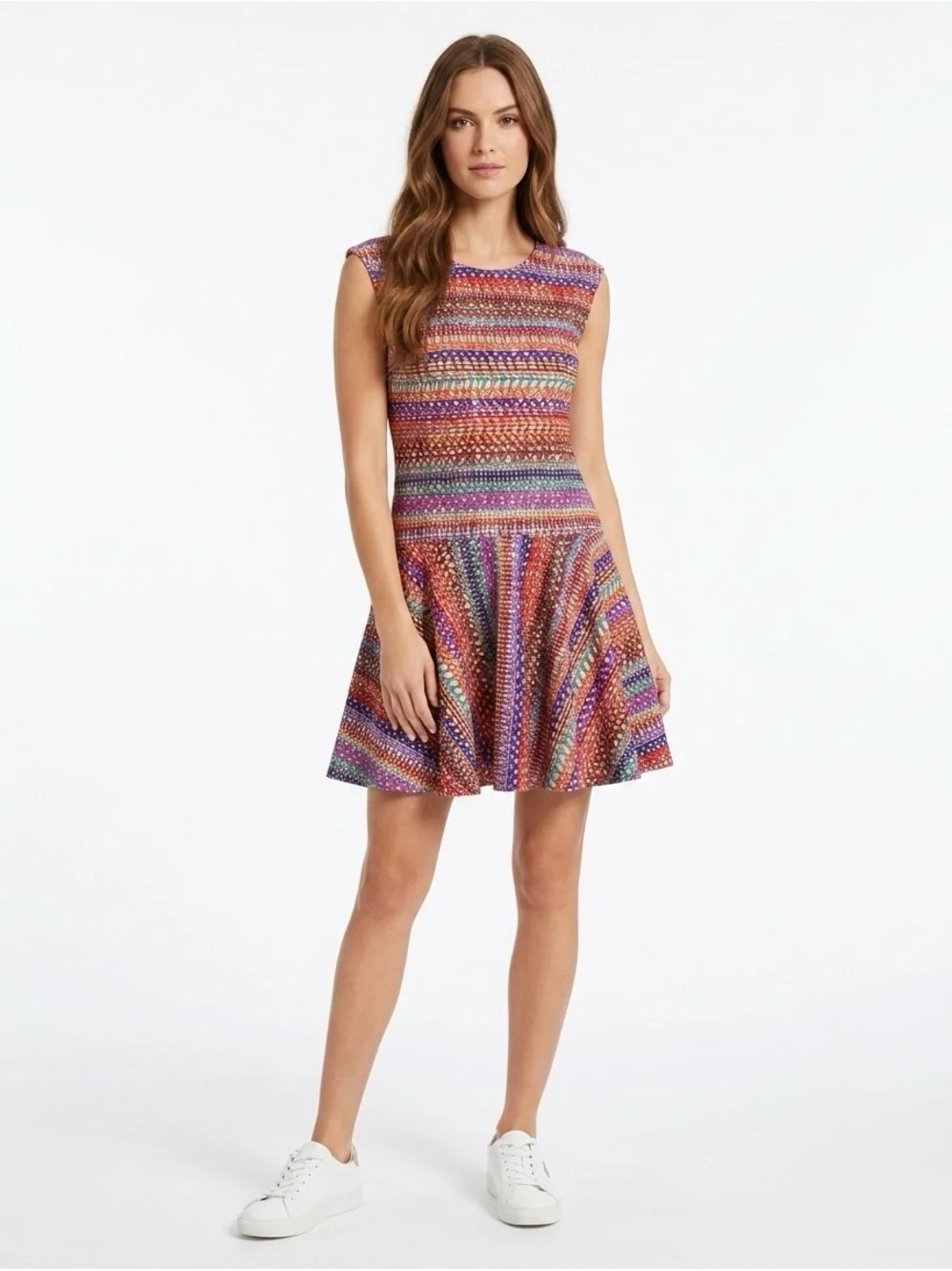 [CeCe] Bitsy Flounce Print Rainbow Stripe Dress
