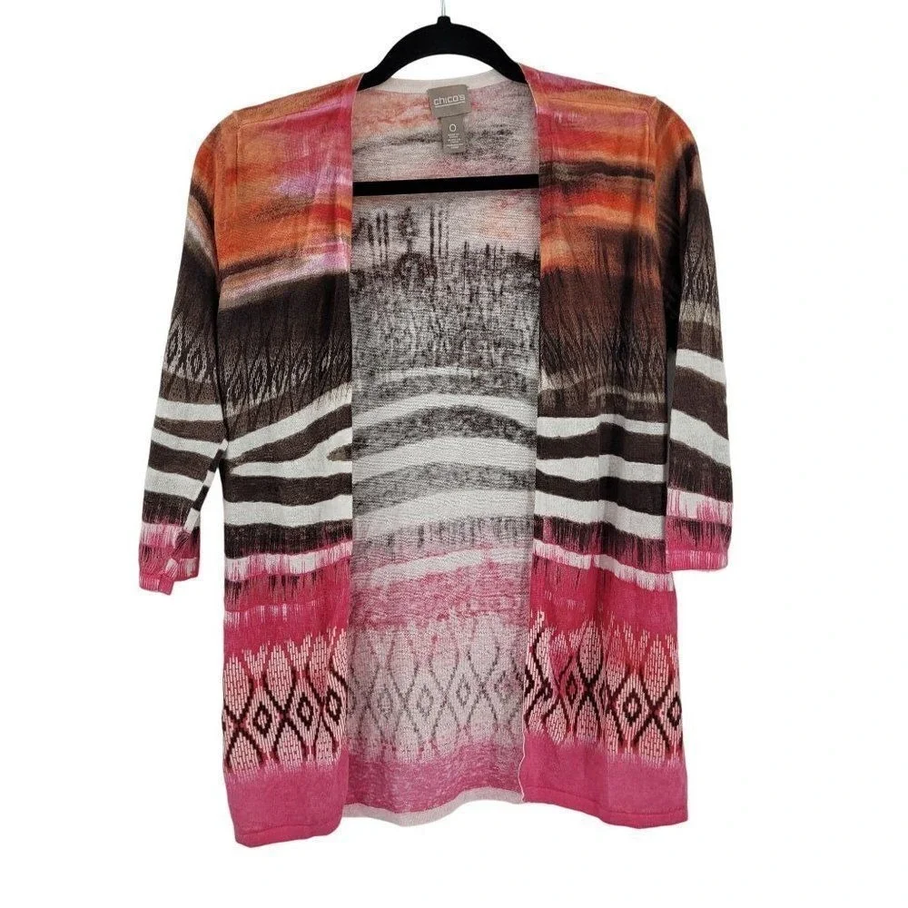 Chico's Tribal Chic‎ Strom Cardigan Sz 0 Pink Linen Open Lightweight Statement