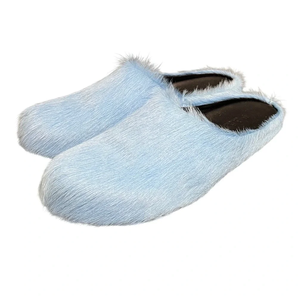 Marni‎ Fussbett Sabot Mens 44 US 11 Blue Calf Hair Furry Mules Slides Shoes