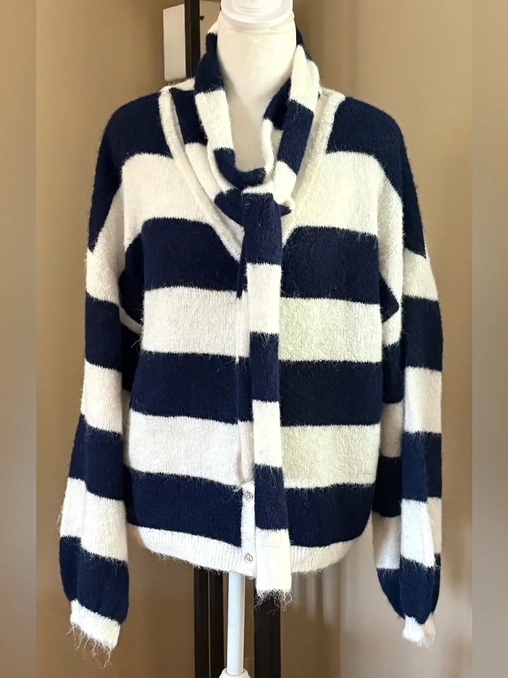 5/$30 wild fable Navy and White Striped V‑Neck Sweater with Choker Detail NWT