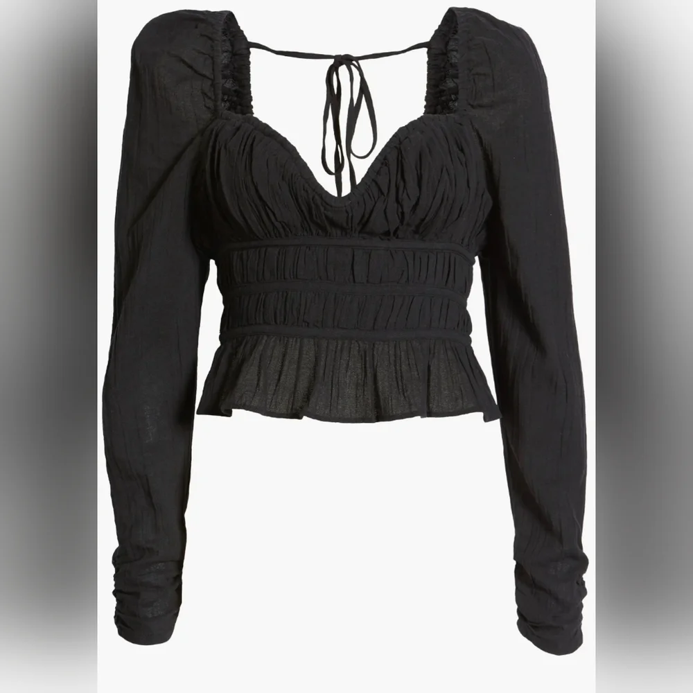 Free People Black soft cotton‎ gauze Long Sleeve Smocked Top