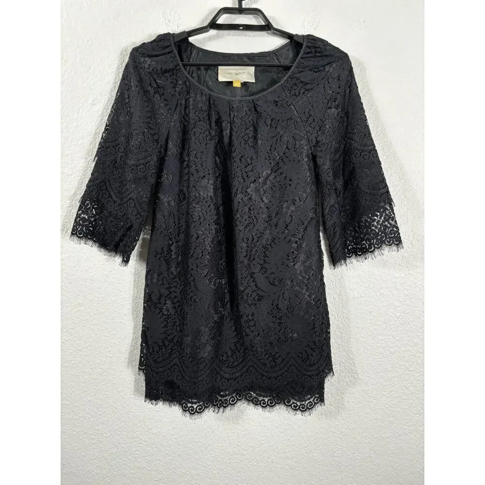 Anthropologie Leifsdottir Lace Mini‎ Dress Size 0 Black Lace 3/4 Sleeve