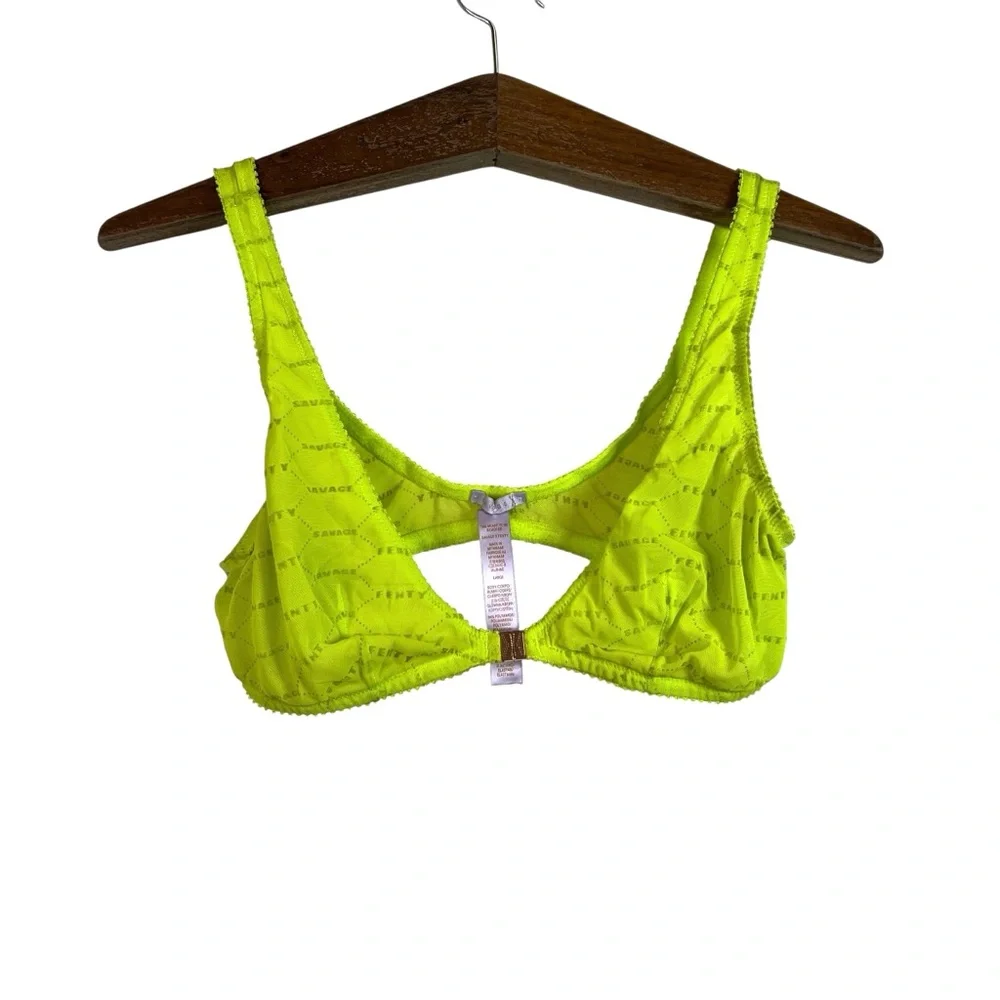 Savage x Fenty Womens Lime Green Logo Gold Front Clasp Bralette Size L Retro