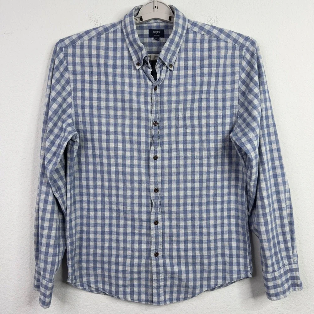 J. Crew Shirt‎ Mens L Blue White Homespun Gingham Plaid Button Preppy Casual