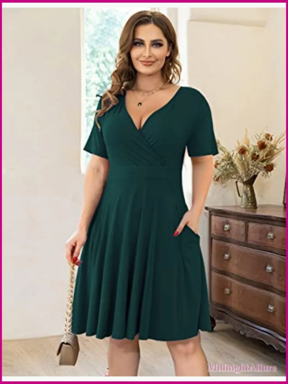 Plus Size Faux Wrap Dress with Pockets Short Sleeve Casual Swing Dress