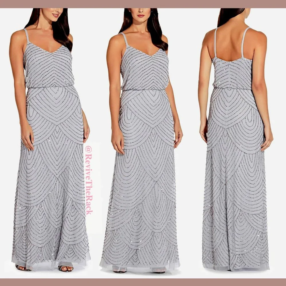 NEW Adrianna Papell Art Deco Beaded Blouson Gown in‎ Silver/Grey [SZ 6 ]
