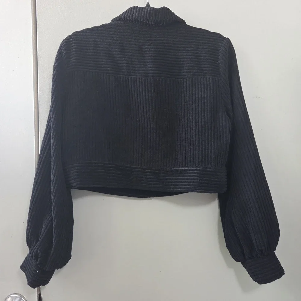 Women's S Black Corduroy Cropped Jacket Balloon Sleeve Silver Button Y2K Grunge