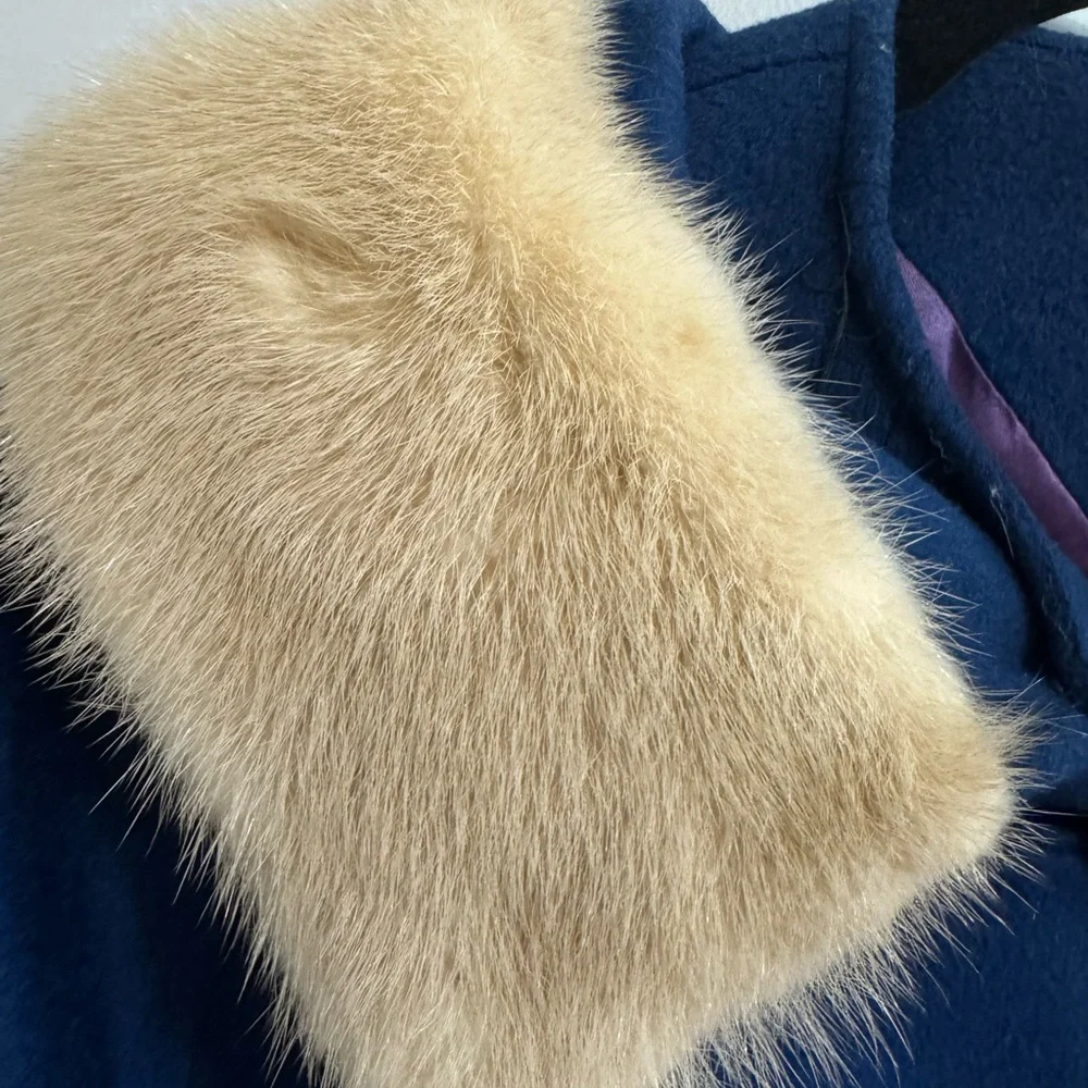 Vintage Kilgarnock Blue Wool Coat Genuine Fur Collar Mid Century‎